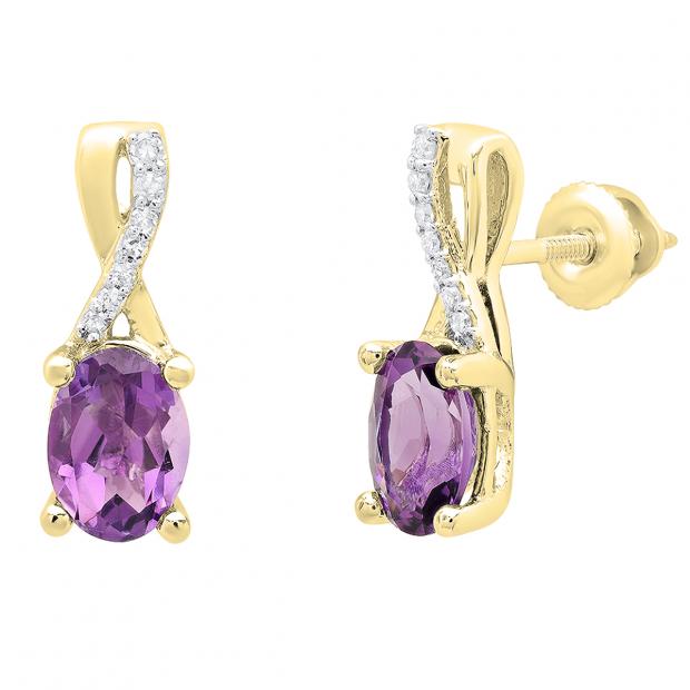 10K Yellow Gold 7X5 MM Each Oval Amethyst & Round Diamond Ladies Infinity Drop Earrings