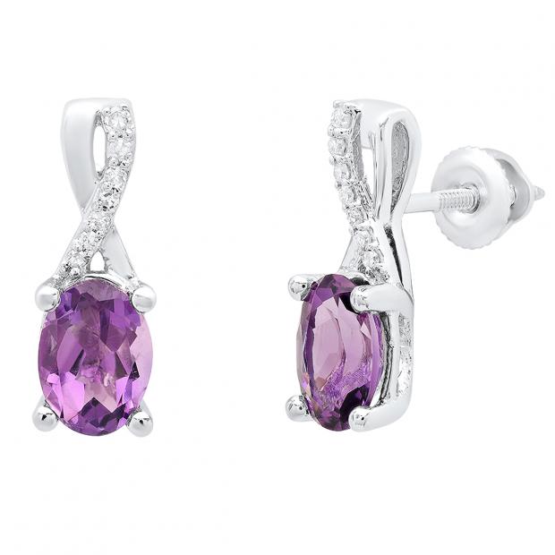 14K White Gold 7X5 MM Each Oval Amethyst & Round Diamond Ladies Infinity Drop Earrings