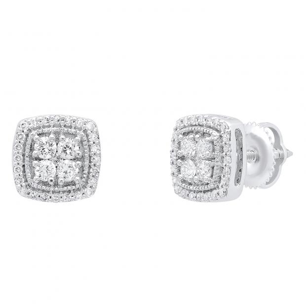 0.50 Carat (ctw) 10K White Gold Round White Diamond Ladies Cluster Style Stud Earrings 1/2 CT