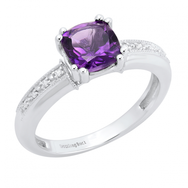 10K White Gold 7 MM Cushion Amethyst & Round White Diamond Ladies Engagement Promise Ring