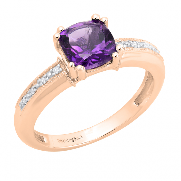 18K Rose Gold 7 MM Cushion Amethyst & Round White Diamond Ladies Engagement Promise Ring