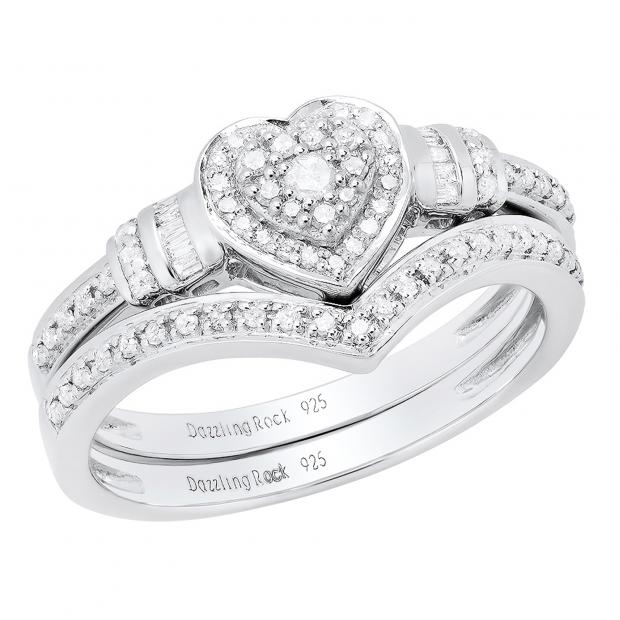 0.30 Carat (ctw) Sterling Silver Round & Baguette Diamond Heart Shaped Engagement Ring Set 1/3 CT