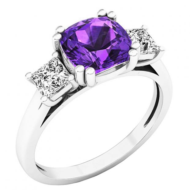 10K White Gold 7 MM Cushion Amethyst & Princess Diamond Ladies Bridal 3 Stone Engagement Ring