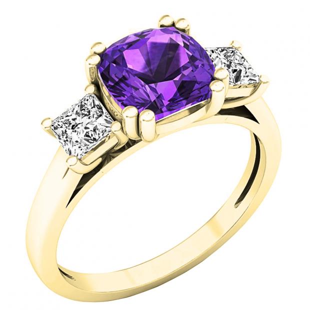 18K Yellow Gold 7 MM Cushion Amethyst & Princess Diamond Ladies Bridal 3 Stone Engagement Ring
