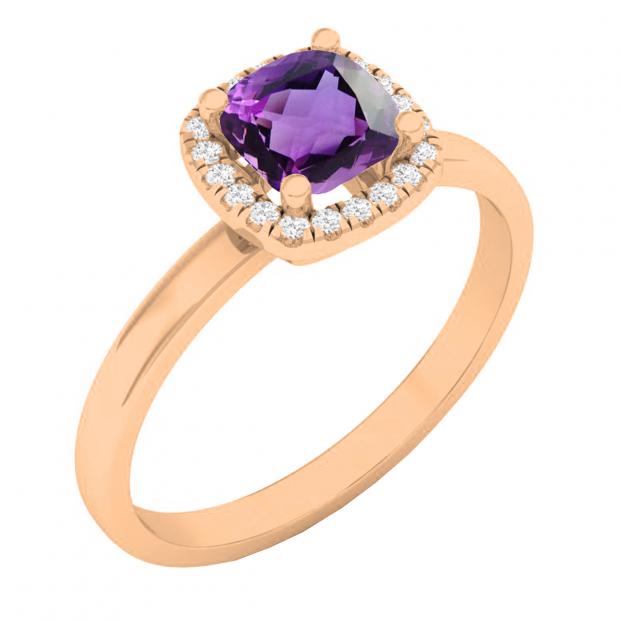 18K Rose Gold 5.3 MM Cushion Amethyst & Round Diamond Ladies Halo Engagement Ring