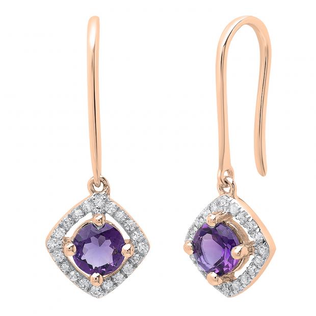 14K Rose Gold 5 MM Each Round Amethyst & White Diamond Ladies Halo Dangling Drop Earrings