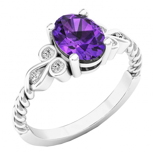 10K White Gold 8X6 MM Oval Amethyst & Round White Diamond Ladies Unique Vintage Engagement Ring