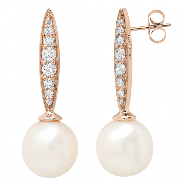 10K Rose Gold 8 MM Each Round White Freshwater Pearls & Diamond Ladies Drop Earrings