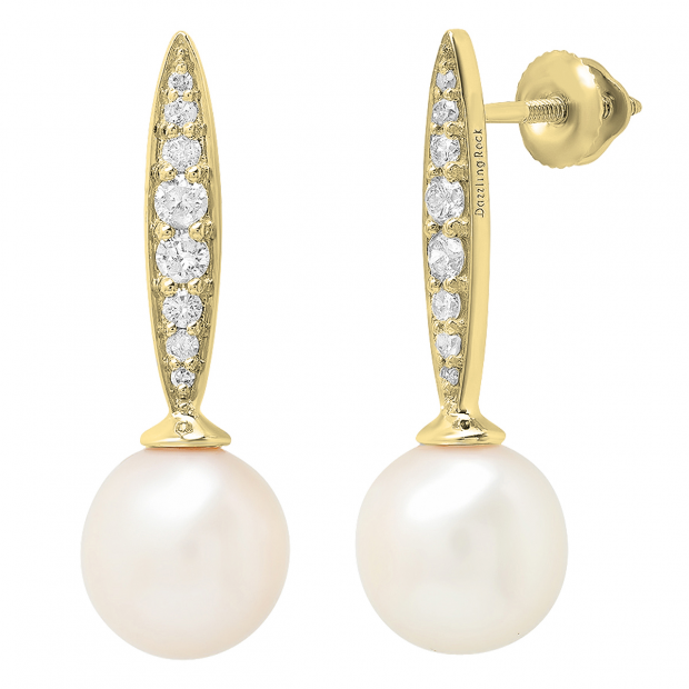 10K Yellow Gold 8 MM Each Round White Freshwater Pearls & Diamond Ladies Drop Earrings
