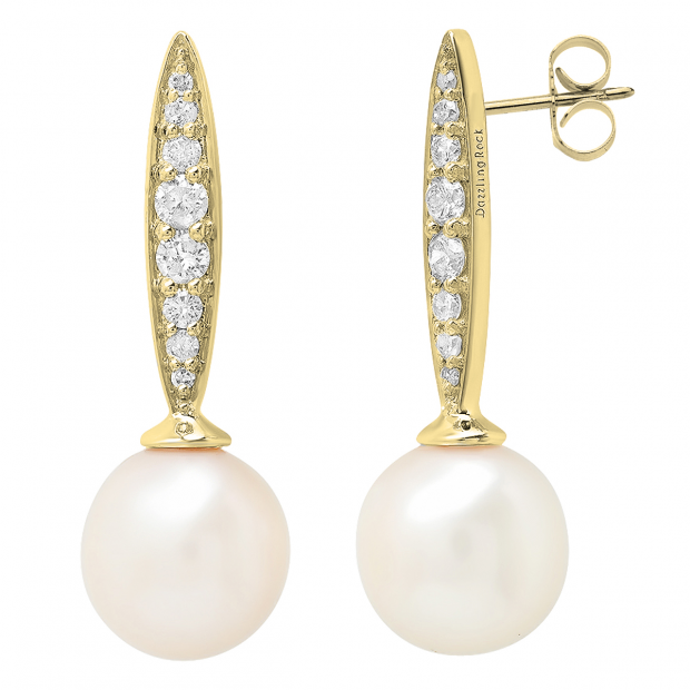 14K Yellow Gold 8 MM Each Round White Freshwater Pearls & Diamond Ladies Drop Earrings