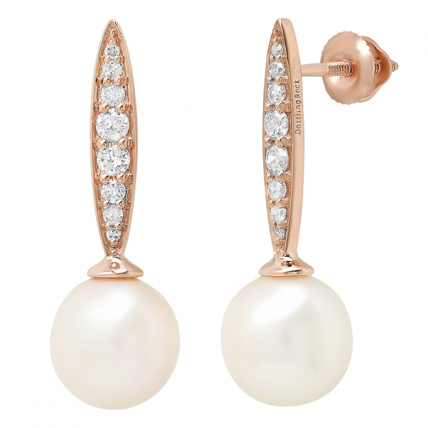 18K Rose Gold 8 MM Each Round White Freshwater Pearls & Diamond Ladies Drop Earrings