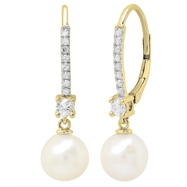 10K Yellow Gold 8 MM Each Round White Freshwater Pearls & Diamond Ladies Drop Earrings