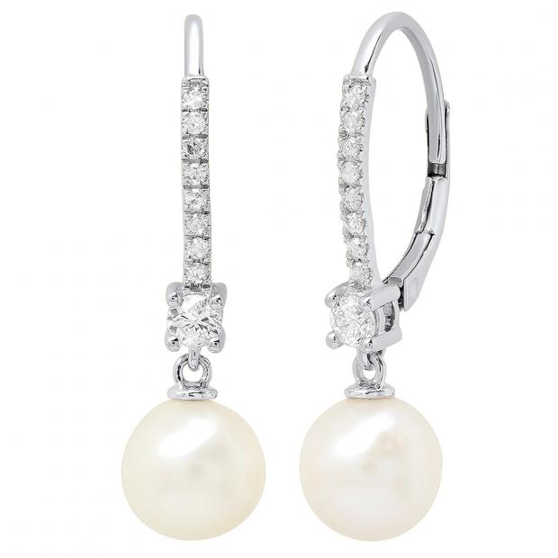 14K White Gold 8 MM Each Round White Freshwater Pearls & Diamond Ladies Drop Earrings