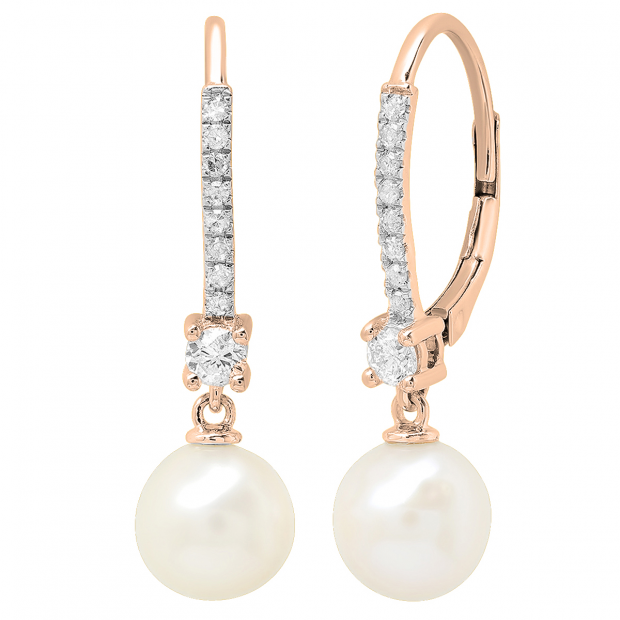 18K Rose Gold 8 MM Each Round White Freshwater Pearls & Diamond Ladies Drop Earrings