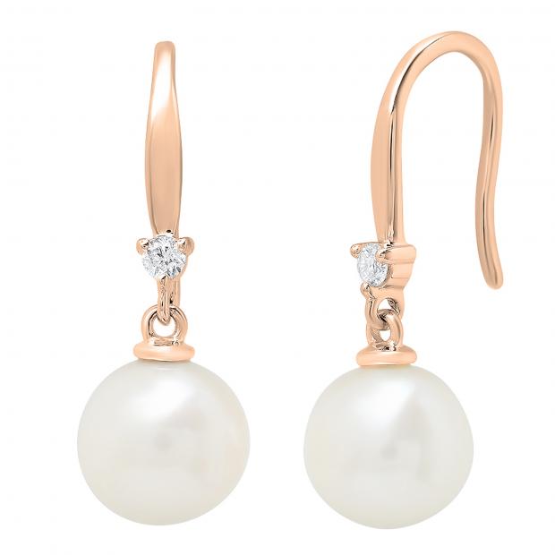 10K Rose Gold 8 MM Each Round White Freshwater Pearls & Diamond Ladies Drop Earrings