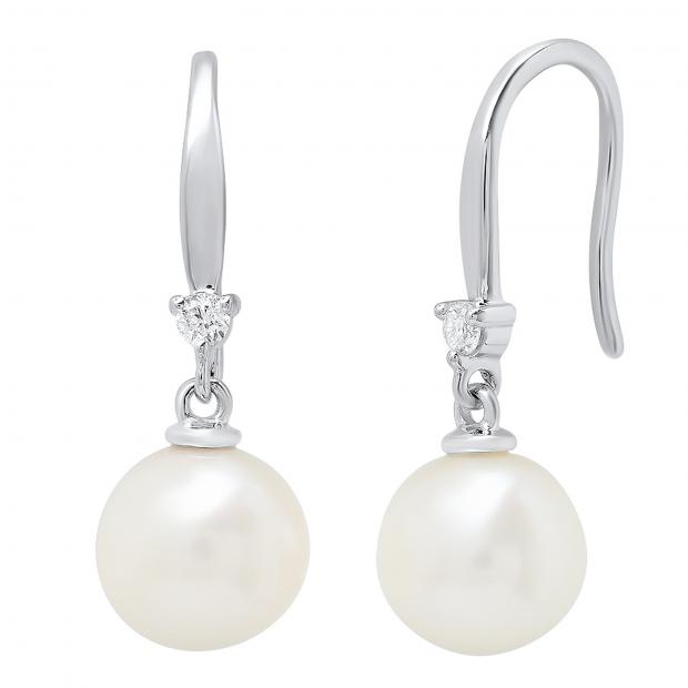 14K White Gold 8 MM Each Round White Freshwater Pearls & Diamond Ladies Drop Earrings