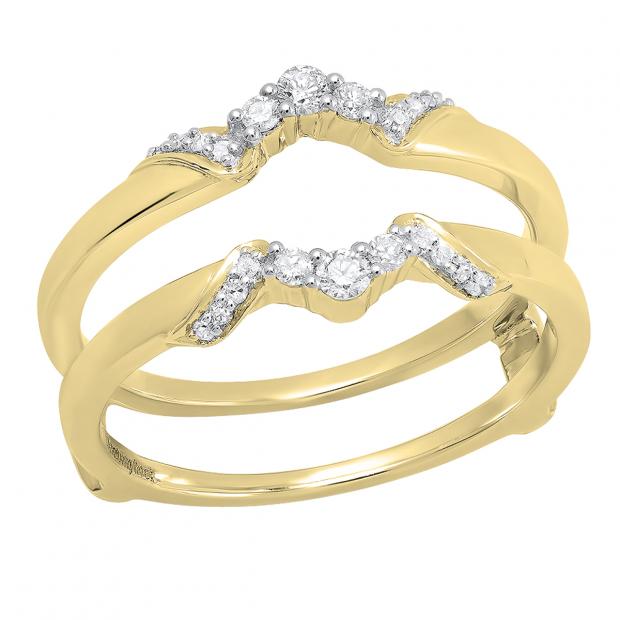 0.20 Carat (ctw) 10K Yellow Gold Round Diamond Ladies Wedding Band Guard Double Ring 1/5 CT