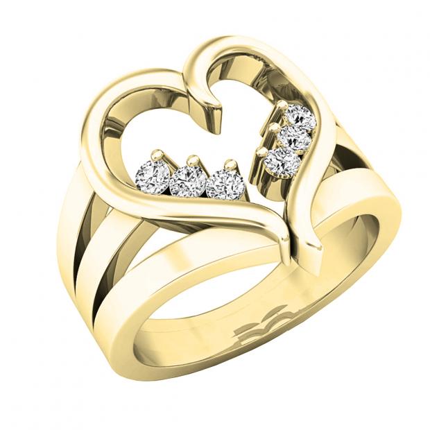 0.18 Carat (ctw) 10K Yellow Gold Round White Diamond Cocktail Heart Shape Right Hand Ring