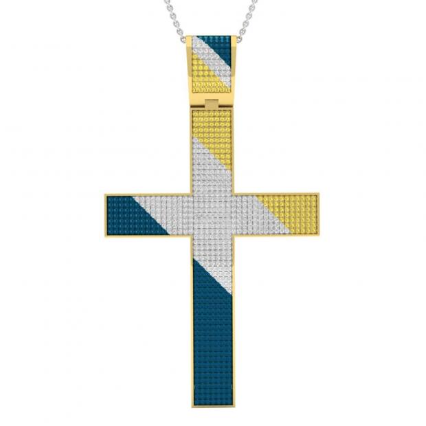 2.80 Carat (ctw) Yellow Plated Sterling Silver Blue Yellow & White Diamond Mens Cross Pendant
