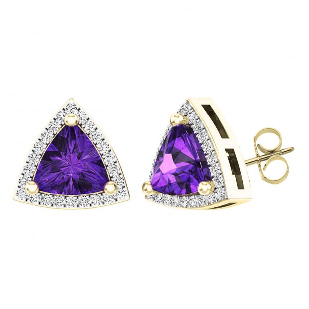 10K Yellow Gold 6 MM Trillion Amethyst & Round White Diamond Ladies Halo Stud Earrings