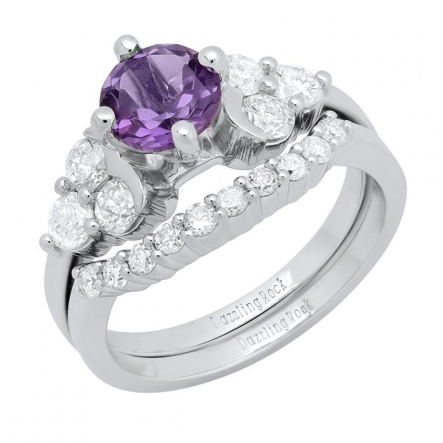 10K White Gold 6.5 MM Round Amethyst & White Diamond Ladies Bridal Engagement Ring Set