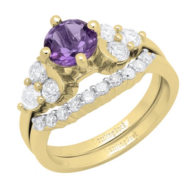 14K Yellow Gold 6.5 MM Round Amethyst & White Diamond Ladies Bridal Engagement Ring Set