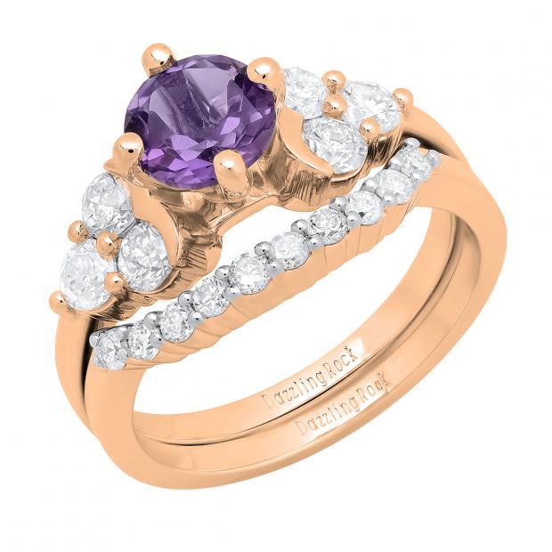 18K Rose Gold 6.5 MM Round Amethyst & White Diamond Ladies Bridal Engagement Ring Set