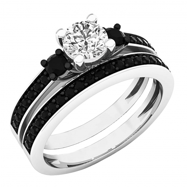 5 MM Round White Sapphire & 0.45 CT Black Diamond Bridal 3 Stone Engagement Ring Set in 925 Sterling Silver