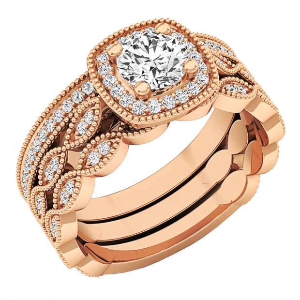 0.85 Carat (ctw) 10K Rose Gold Round White Diamond Ladies Engagement Ring With Double Band Set