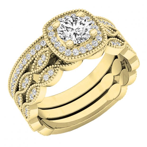 0.85 Carat (ctw) 10K Yellow Gold Round White Diamond Ladies Engagement Ring With Double Band Set