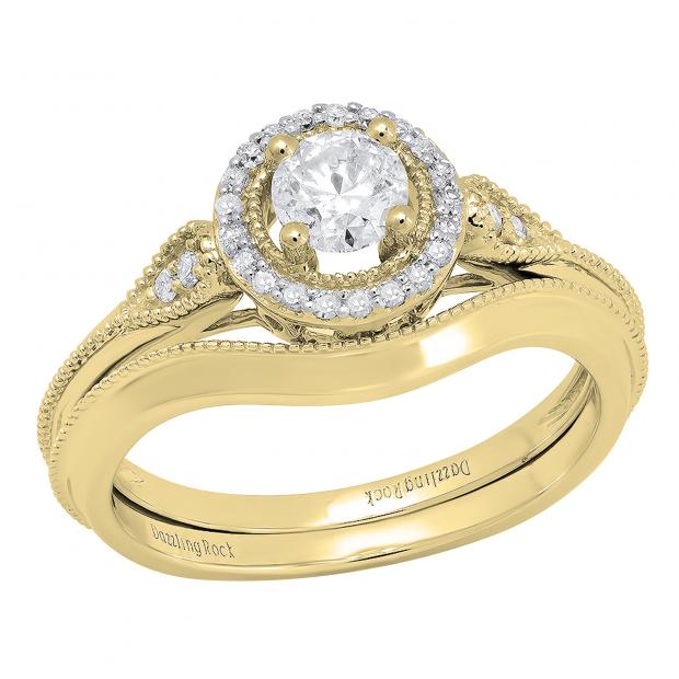 0.60 Carat (ctw) 10K Yellow Gold Round White Diamond Ladies Bridal Vintage Engagement Ring Set