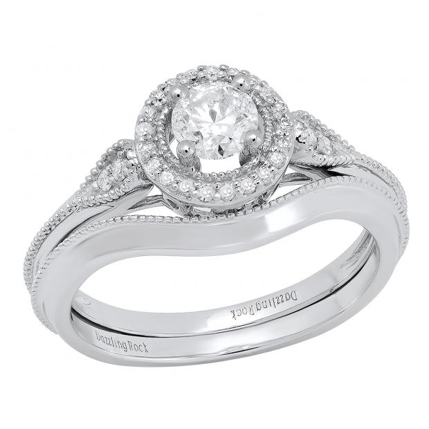 0.60 Carat (ctw) 18K White Gold Round White Diamond Ladies Bridal Vintage Engagement Ring Set