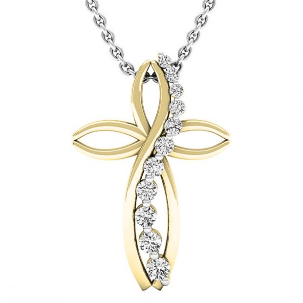 0.35 Carat (ctw) 14K Yellow Gold Round Diamond Ladies Journey & Cross Pendant 1/3 CT