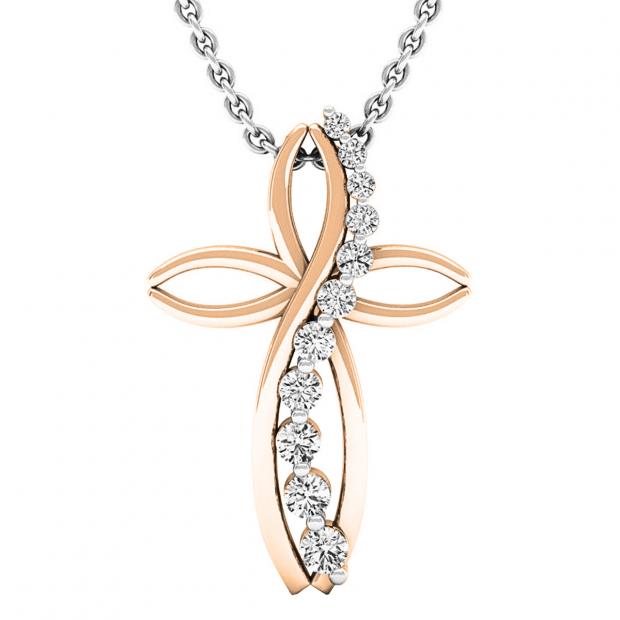 0.35 Carat (ctw) 18K Rose Gold Round Diamond Ladies Journey & Cross Pendant 1/3 CT
