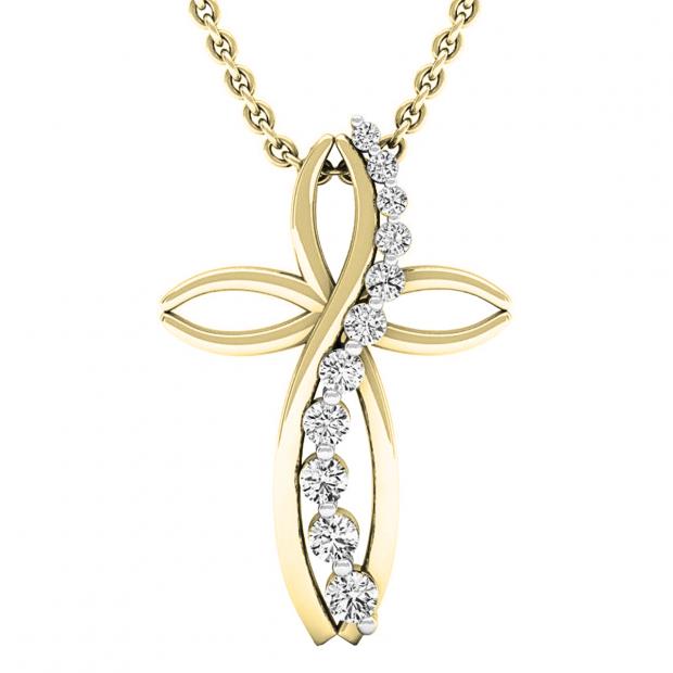 0.35 Carat (ctw) 10K Yellow Gold Round Diamond Ladies Journey & Cross Pendant 1/3 CT