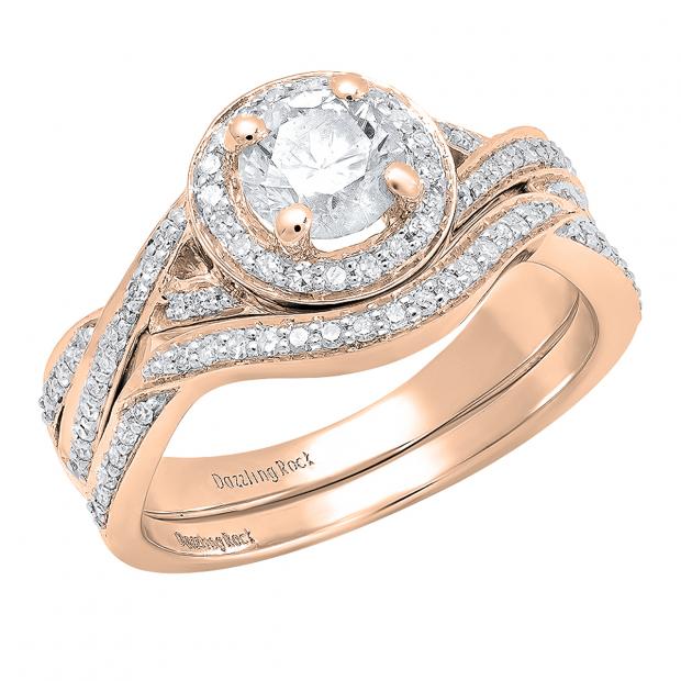 10K Rose Gold Round White Cubic Zirconia Bridal Swirl Split Shank Ring Set