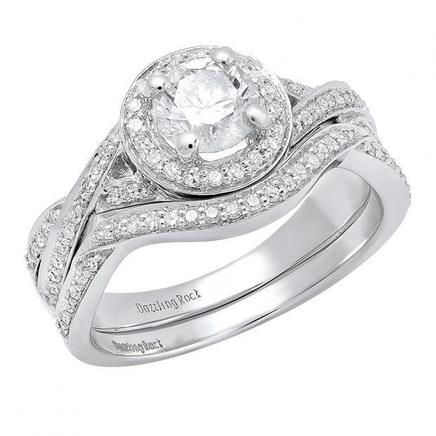 18K White Gold Round White Cubic Zirconia Bridal Swirl Split Shank Ring Set