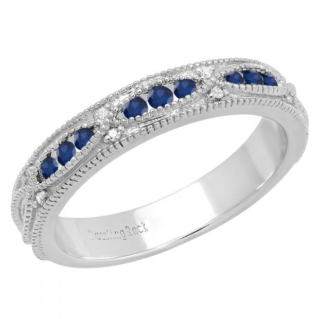 10K White Gold Round Blue Sapphire & White Diamond Ladies Vintage Stackable Wedding Band