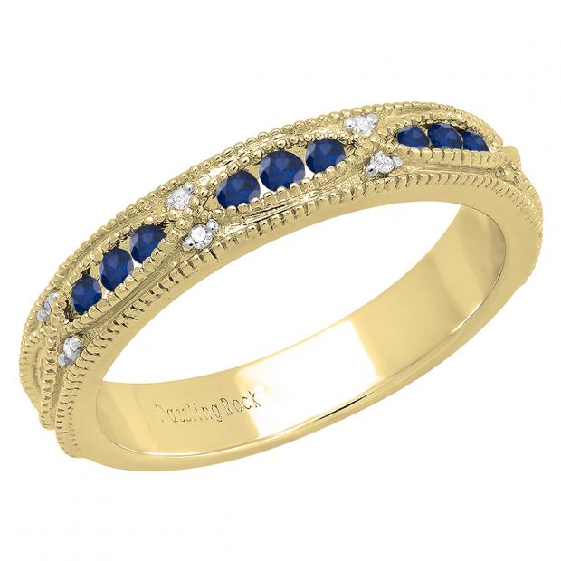 10K Yellow Gold Round Blue Sapphire & White Diamond Ladies Vintage Stackable Wedding Band