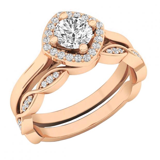 0.65 Carat (ctw) 10K Rose Gold Round White Diamond Ladies Bridal Halo Engagement Ring Set