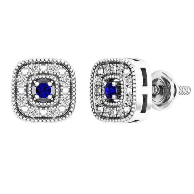 Sterling Silver 1.7 MM Round Blue Sapphire & White Diamond Ladies Square Frame Halo Stud Earrings