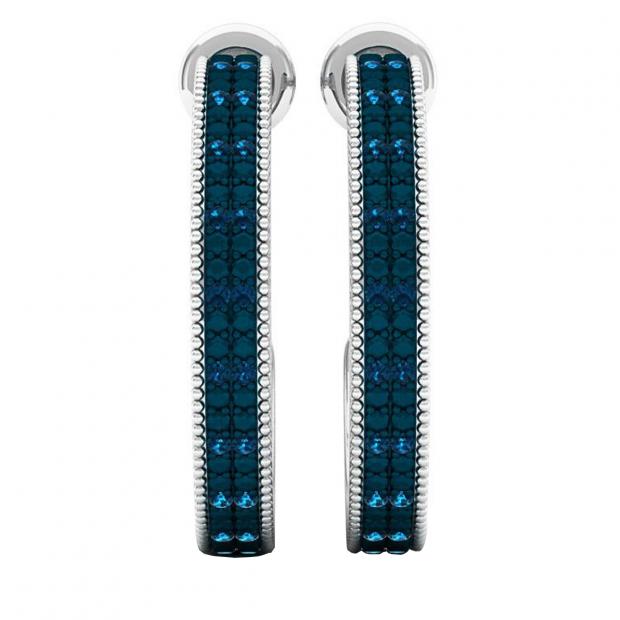 0.10 Carat (ctw) Sterling Silver Round Blue Diamond Ladies Huggies Hoop Earrings 1/10 CT