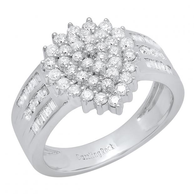 0.85 Carat (ctw) 10K White Gold Round & Baguette White Diamond Ladies Engagement Ring