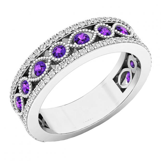 10K White Gold Round Amethyst & White Diamond Ladies Vintage Stackable Wedding Band