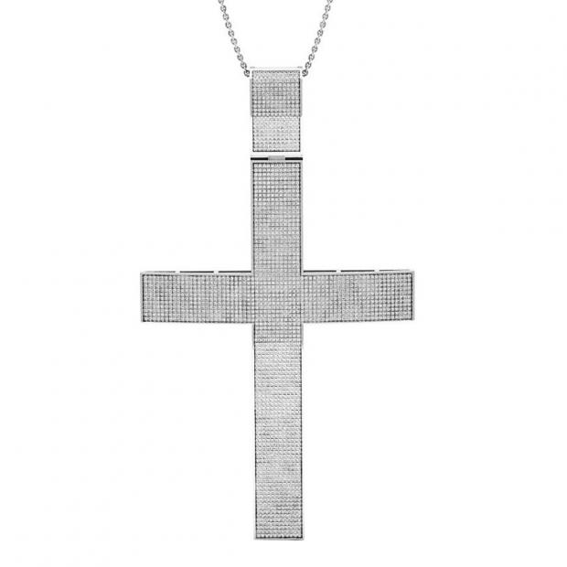 3.10 Carat (ctw) Sterling Silver Round Diamond Mens Religious Cross Pendant (Silver Chain Included)