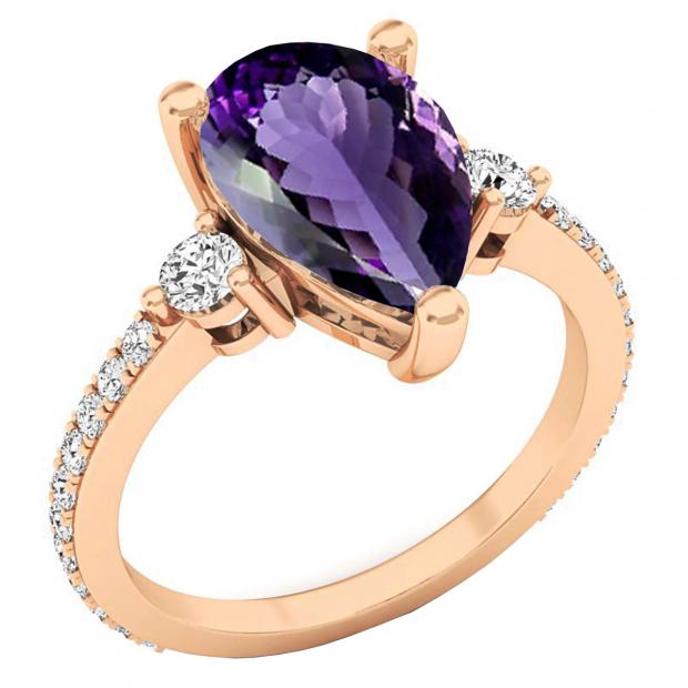 10K Rose Gold 14X8.5 MM Pear Amethyst & Round Diamond Ladies Bridal Engagement Ring