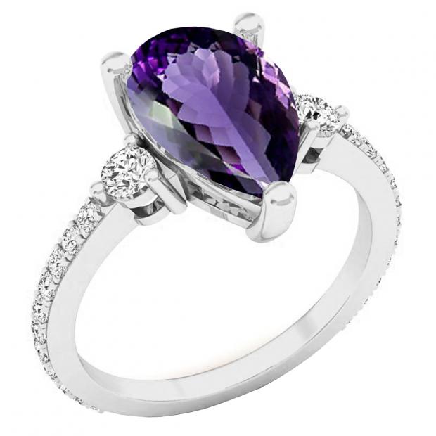 18K White Gold 14X8.5 MM Pear Amethyst & Round Diamond Ladies Bridal Engagement Ring