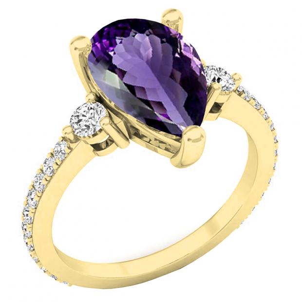 18K Yellow Gold 14X8.5 MM Pear Amethyst & Round Diamond Ladies Bridal Engagement Ring