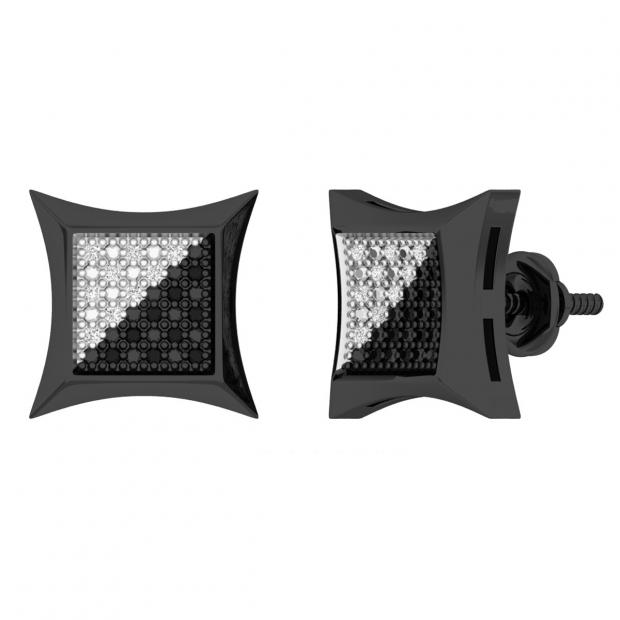 0.05 Carat (ctw) Sterling Silver Black & White Diamond Kite Mens Hip Hop Iced Stud Earrings