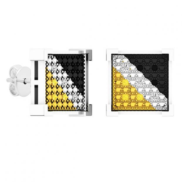 0.07 Carat (ctw) Sterling Silver Black White & Yellow Diamond Mens Hip Hop Iced Stud Earrings